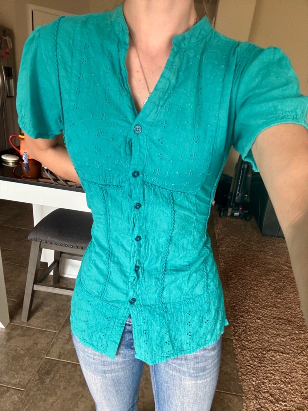 Vintage Cotton Teal Blue Button Down Lace Embroidered Shirt Blouse M